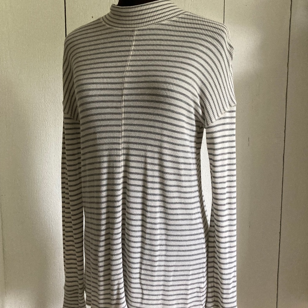ANA Mock Neck Lightweight Waffle Knit Gray and White Striped Tunic Top Size S